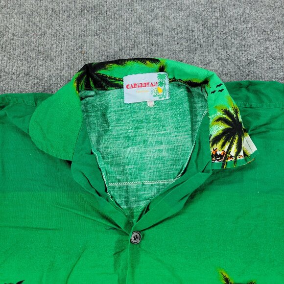Caribbean Fashions Button Shirt Men 2XL Green AOP Graphic Short Sleeve Pocket - Picture 3 of 14